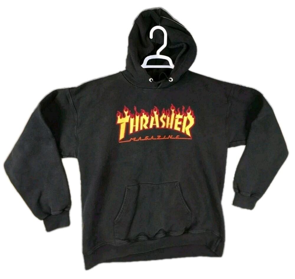 Thrasher Magazine Hoodie Mens Medium Black Spellout Skateboarding VTG Skateboard